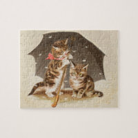 Chatons vintage sous parapluie art de chat antique