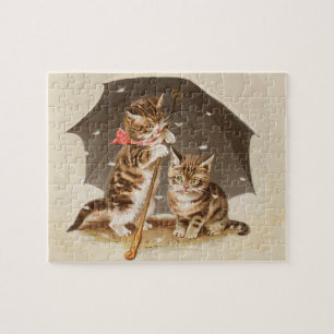 Puzzle Chatons vintage sous parapluie art de chat antique