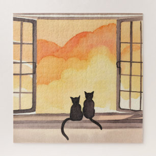 Puzzle Chats à la fenêtre Silhouette aquarelle au couch