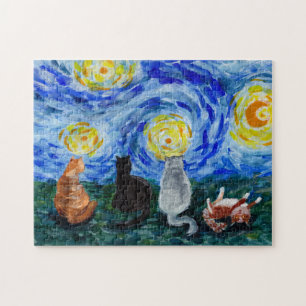 Puzzle Chats dans la nuit étoilée inspirée de peinture aq