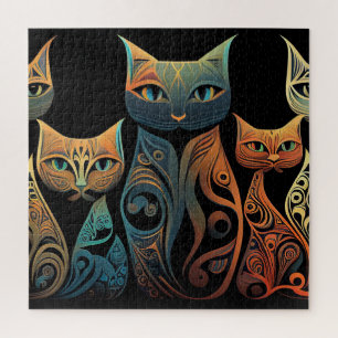 Puzzle Chats décoratifs aux lignes sarcelle orange et dor