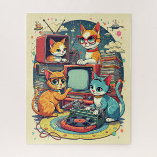 Puzzle Chats du milieu du siècle avec disques rétro et TV