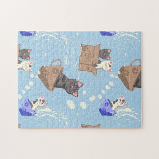 Puzzle Chats en boîte et gouttes de lait sur bleu (Horizontal)