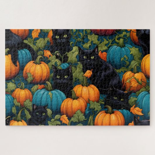 Puzzle Chats noirs dans un patch citrouille - Halloween (Horizontal)