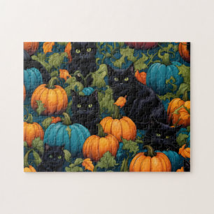 Puzzle Chats noirs dans un patch citrouille - Halloween