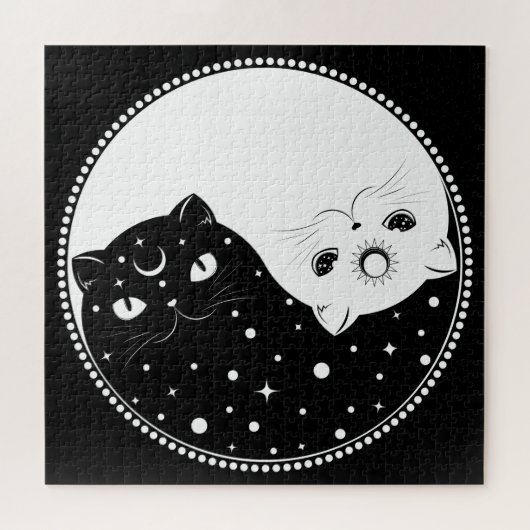 Puzzle Chats noirs et blancs en caricature, signe yin yan (Horizontal)