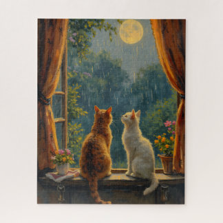 Puzzle Chats regardant la lune et la pluie