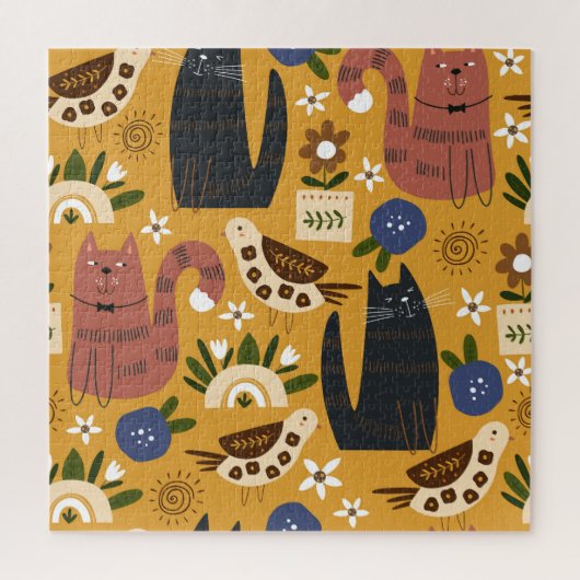Puzzle Chats vintages et oiseaux, Main Tirée. (Vertical)