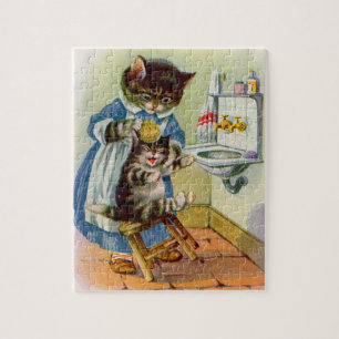 Puzzle chatte des années 1930 lave son chaton