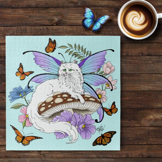 Puzzle Chatte Fée Blanche Fantastique Champignon Bleu Cap