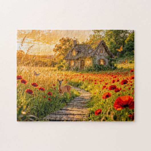 Puzzle Chaumière dans un champ de coquelicots avec un che (Horizontal)