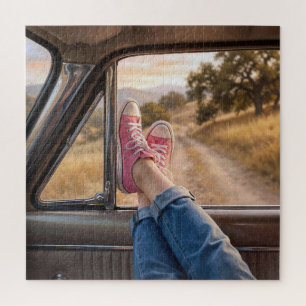 Puzzle Chaussures roses dans une fenêtre de voiture rétro