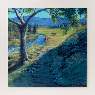 Puzzle Chemin ensoleillé vers le champ et les chevaux aux