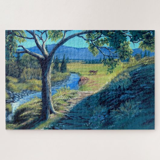 Puzzle Chemin ensoleillé vers le champ et les chevaux aux (Horizontal)