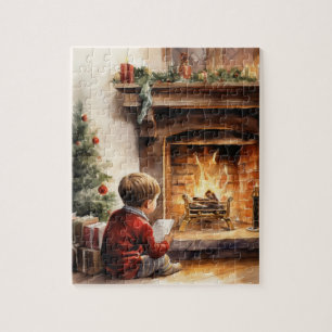 Puzzle cheminée de Noël garçon festive aquarelle