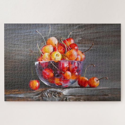 Puzzle Cherry Still Life in Glass Stretched Canvas Print (Horizontal)