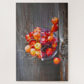 Puzzle Cherry Still Life in Glass Stretched Canvas Print (Vertical)