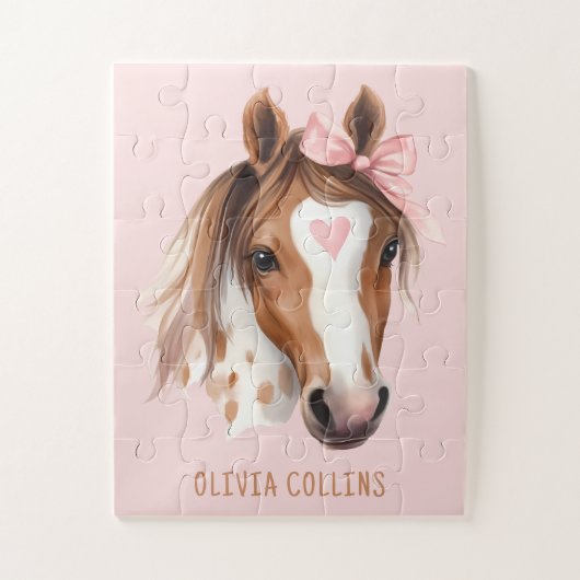 Puzzle Cheval à l'aquarelle Ruban Rose Filles Unique Mign (Vertical)