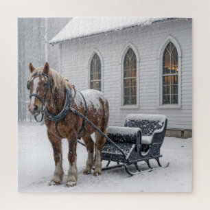 Puzzle Cheval Attelé à un Traîneau Près d'une Église