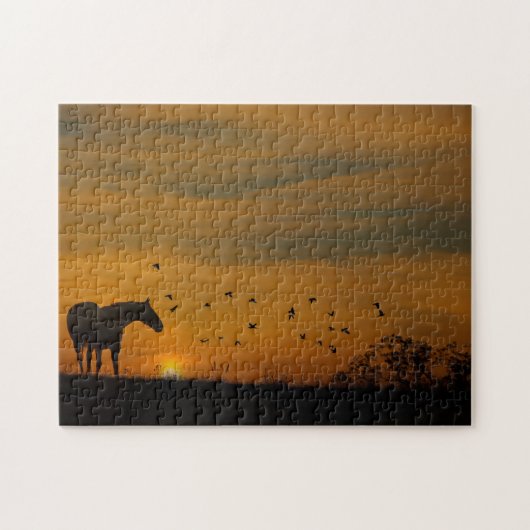 Puzzle Cheval au coucher du soleil avec oiseaux (Horizontal)