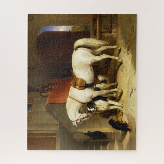 PUZZLE CHEVAL BLANC AVEC CHIENS ET FALCONS EN STABLE (Vertical)