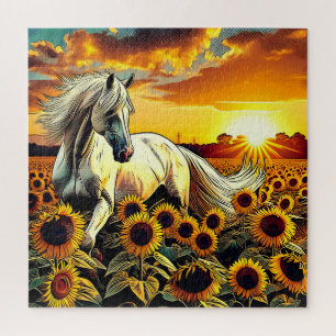 Puzzle Cheval blanc dans le champ des tournesols au couch