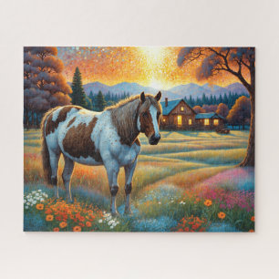 Puzzle Cheval dans la prairie de fleurs sauvages de la fe