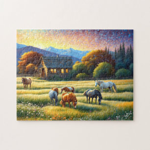 Puzzle Cheval dans la prairie de fleurs sauvages de la fe