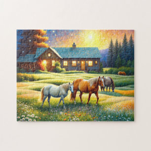 Puzzle Cheval dans la prairie de fleurs sauvages de la fe