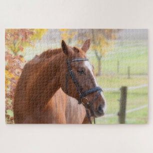 Puzzle Cheval dans un champ d'automne avec chute feuille