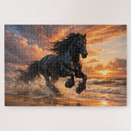 Puzzle Cheval Frison Noir au Coucher du Soleil, Course Pu (Horizontal)