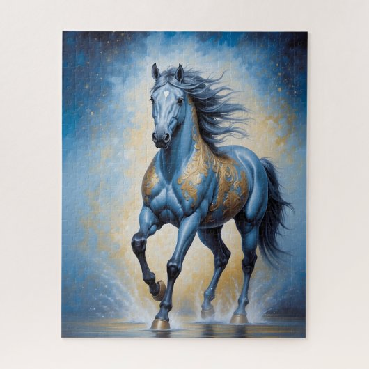 Puzzle cheval majestueux en bleu et or (Vertical)