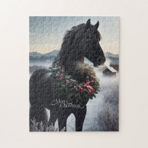 Puzzle Cheval noir dans la neige avec couronne de Noël