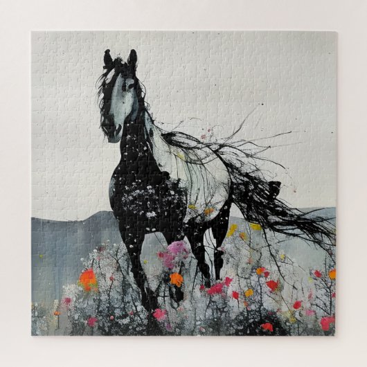 Puzzle Cheval noir en Fleur sauvage (Vertical)