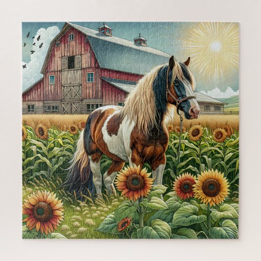 Puzzle Cheval tacheté, Grange rustique, Soleil levant à l (Vertical)
