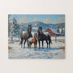 Puzzle Chevaux Appaloosa noirs sur une ferme en hiver
