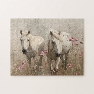 Puzzle Chevaux gris Fleurs roses Peinture à l'huile
