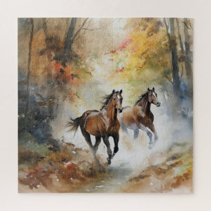 Puzzle Chevaux Sauvages Forêt en Aquarelle