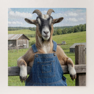 Puzzle Chèvre en salopette en denim bleu
