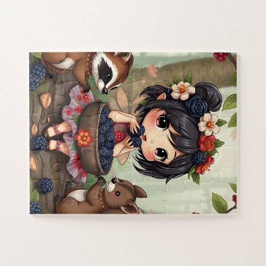Puzzle Chibi Fairy Eating Blackberries with Forest Friend (Horizontal)