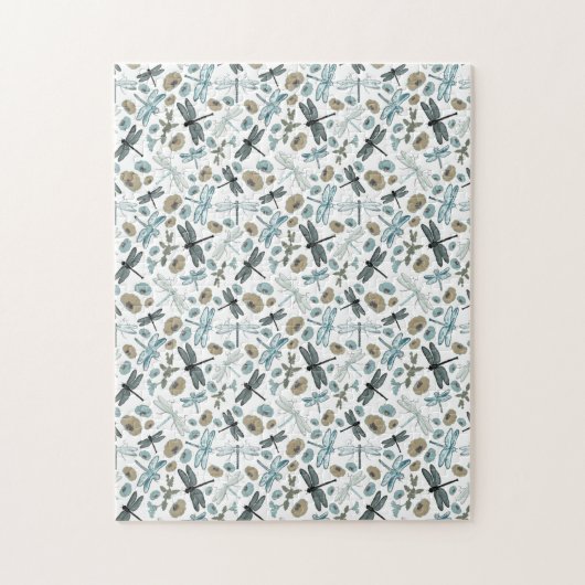 Puzzle Chic Stylish Dragonflies Blues Teals Gris Fleurs (Vertical)