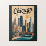Puzzle Chicago Illinois Skyline Travel Art Vintage<br><div class="desc">Conception de déplacement vectoriel rétro de Chicago. Chicago,  la ville venteuse de l'Illinois,  est célèbre pour son skyline emblématique,  son architecture de classe mondiale et sa scène culturelle vibrante.</div>