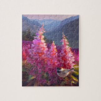 Puzzle Chickadee sur les fleurs sauvages d'Alaska avec