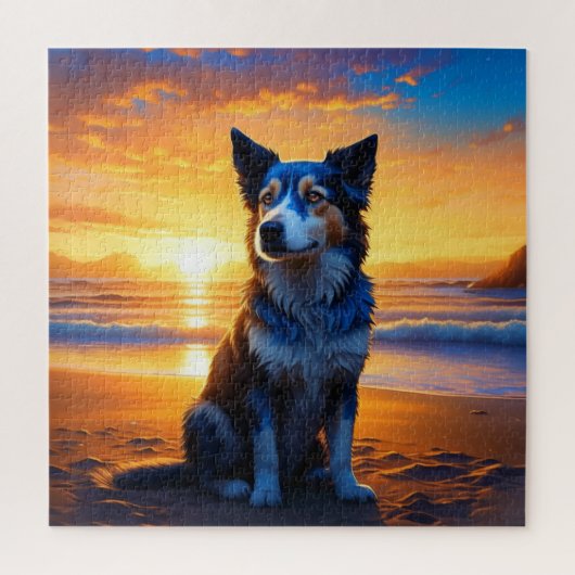 Puzzle Chien assis sur Ocean Beach au coucher du soleil (Vertical)
