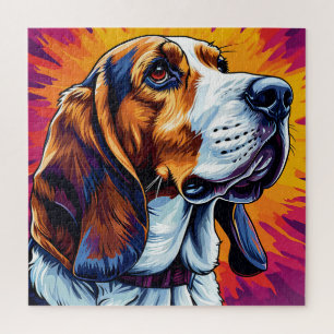 Puzzle Chien Basset Hound avec fond coloré