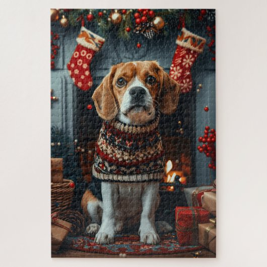 Puzzle Chien beagle avec cadeaux de Noël cheminée (Vertical)