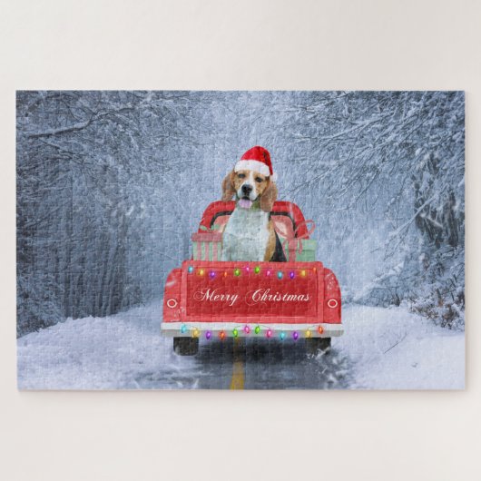 Puzzle Chien beagle en neige assis dans un camion de Noël (Horizontal)