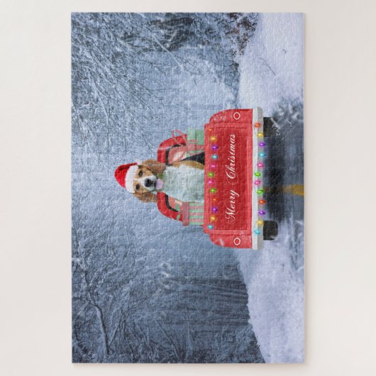 Puzzle Chien beagle en neige assis dans un camion de Noël (Vertical)