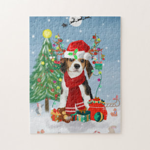 Puzzle Chien beagle en neige avec cadeaux de Noël