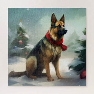 Puzzle Chien berger allemand à Noël sous la neige